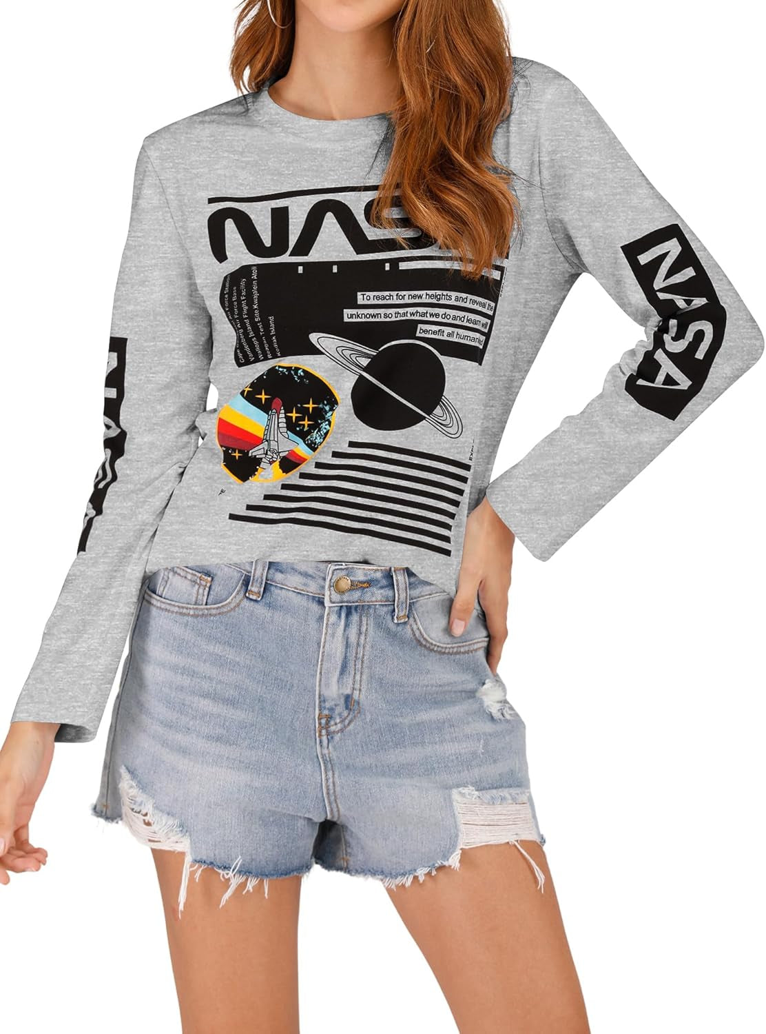 Women Long Sleeve Graphic Shirts NASA Space Letter Print