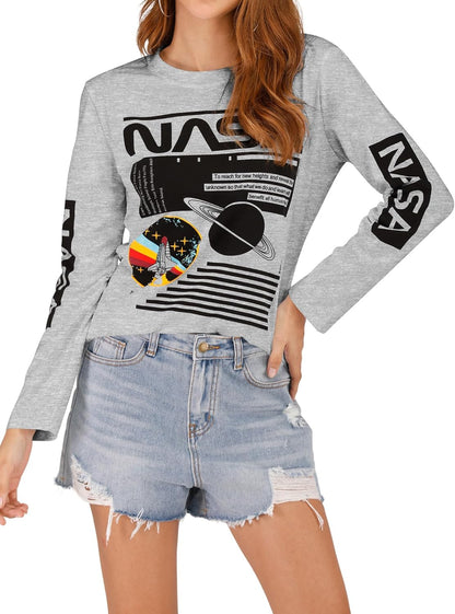 Women Long Sleeve Graphic Shirts NASA Space Letter Print