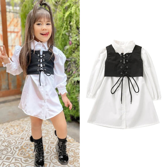 2Pcs Fashion Kids Girls Dress Solid Color Lapel Long Sleeves Shirt Dress + Tied Cross Straps Waistcoat 1-6 Years