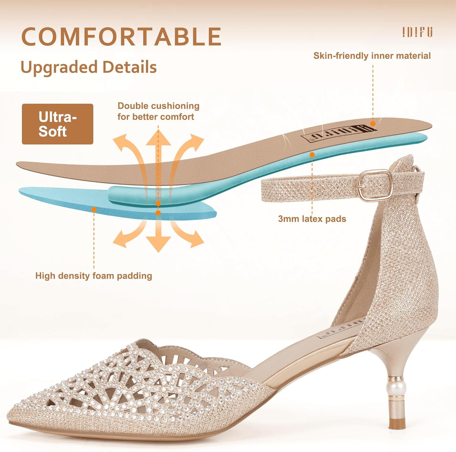 Women's IN2 Candice Rhinestone and Sequin Low Kitten Heel Pumps for Bridal and Evening Wear