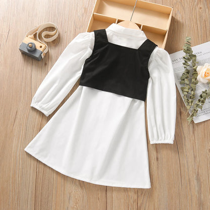 2Pcs Fashion Kids Girls Dress Solid Color Lapel Long Sleeves Shirt Dress + Tied Cross Straps Waistcoat 1-6 Years