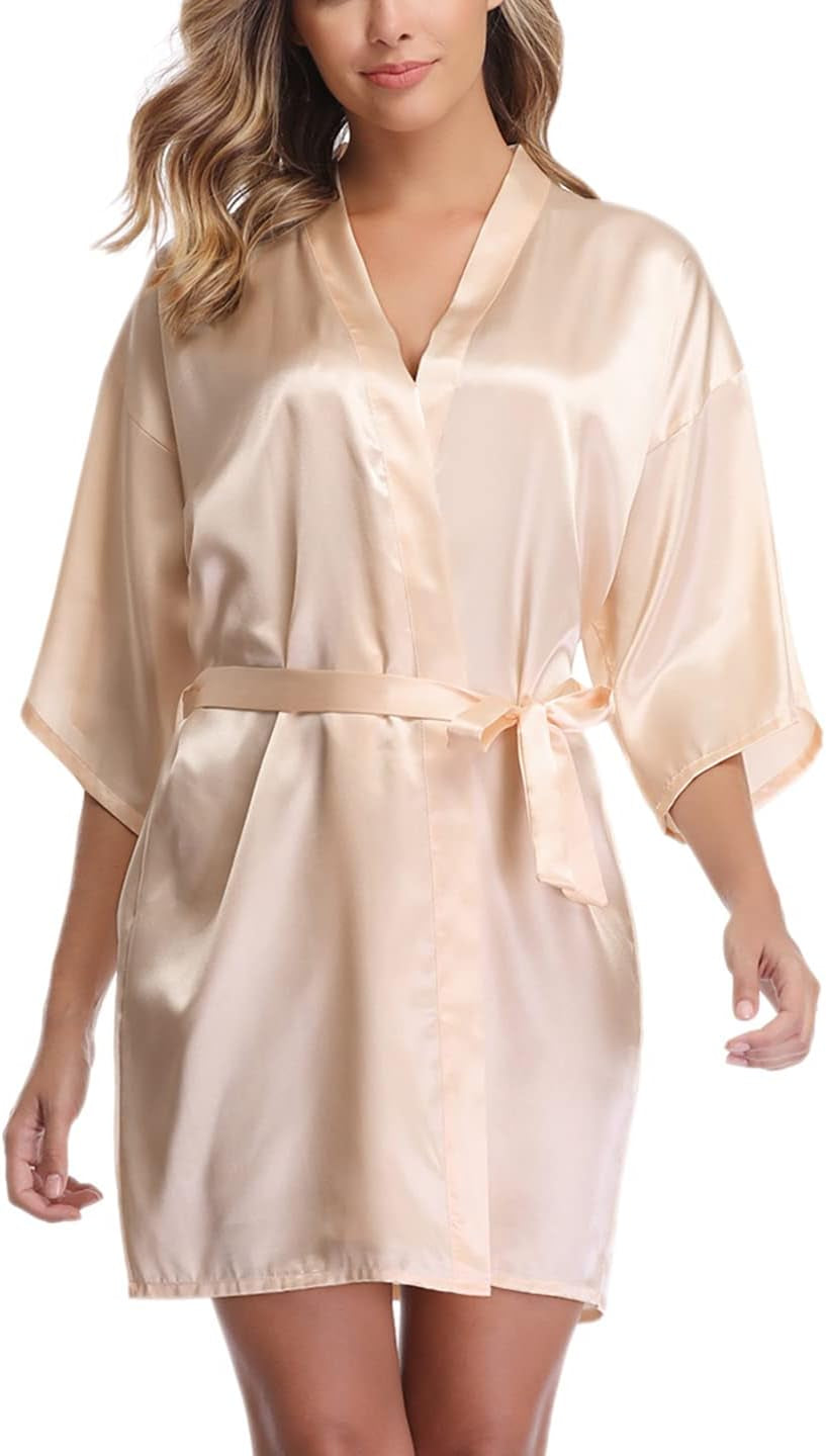 Women'S Satin Robe Short Kimono Bathrobes for Bride & Bridesmaid Wedding Party Robes with Gold Glitter or Rhinestones