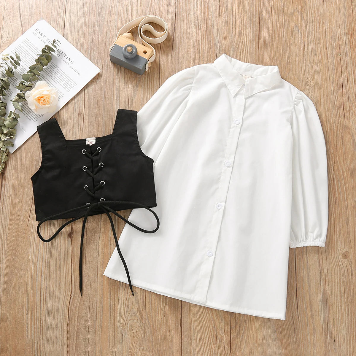 2Pcs Fashion Kids Girls Dress Solid Color Lapel Long Sleeves Shirt Dress + Tied Cross Straps Waistcoat 1-6 Years