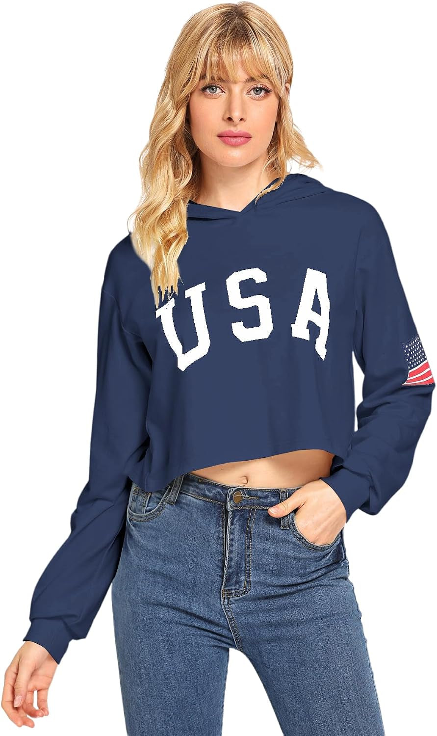 Women'S American Flag Long Sleeve Hoodies Letter Graphic Crop Top Hooded Sweatshirts