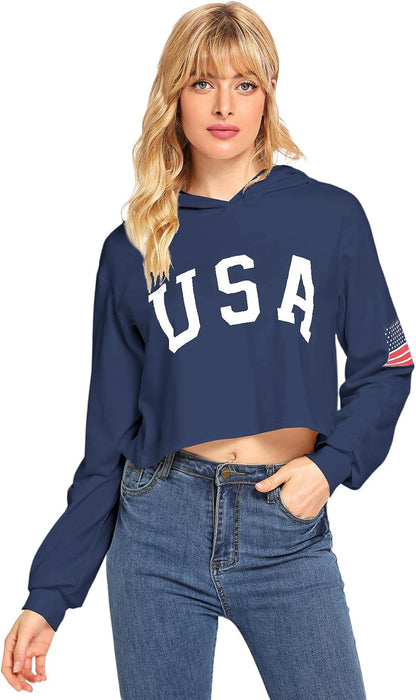 Women'S American Flag Long Sleeve Hoodies Letter Graphic Crop Top Hooded Sweatshirts