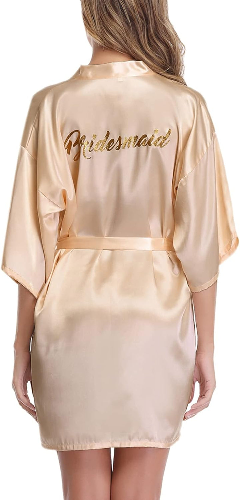 Women'S Satin Robe Short Kimono Bathrobes for Bride & Bridesmaid Wedding Party Robes with Gold Glitter or Rhinestones