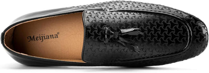 Men's Slip-On Loafers with Laser-Carved Design and Tassel Detail, Microfiber PU Leather Upper, Classic Comfort