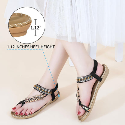 Women's Summer Flat Sandals: Casual Bohemian Beaded Toe Ring Dress Shoes for Comfortable Daily Wear and Vacation Walking