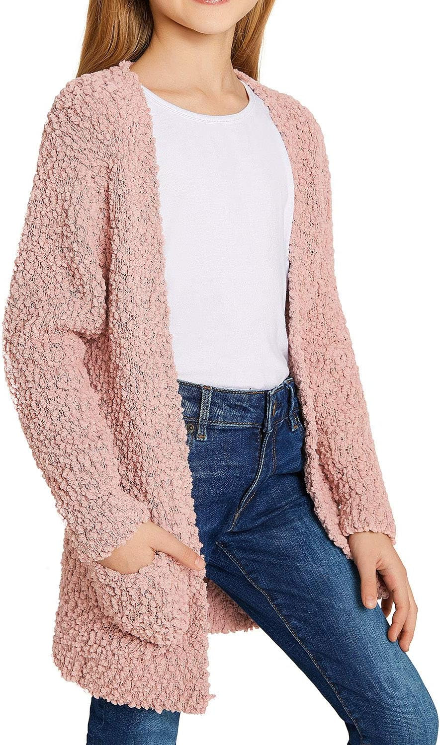 Warm Cardigan for Girl Open Front Sweater Girls Lightweight Cardigan Sweaters Sweeter for Girl Fall Sweaters Silver Pink Size Xx-Large