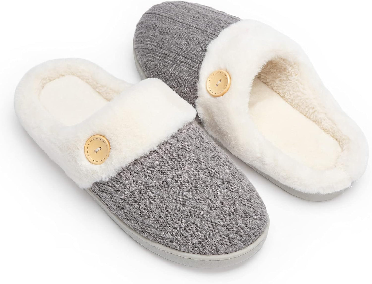 Womens Slipper Warm Comfy Memory Foam House Slippers Knitted Shoes Faux Fur Lined Anti-Skid Rubber Sole Bedroom Cozy Indoor Outdoor Slippers