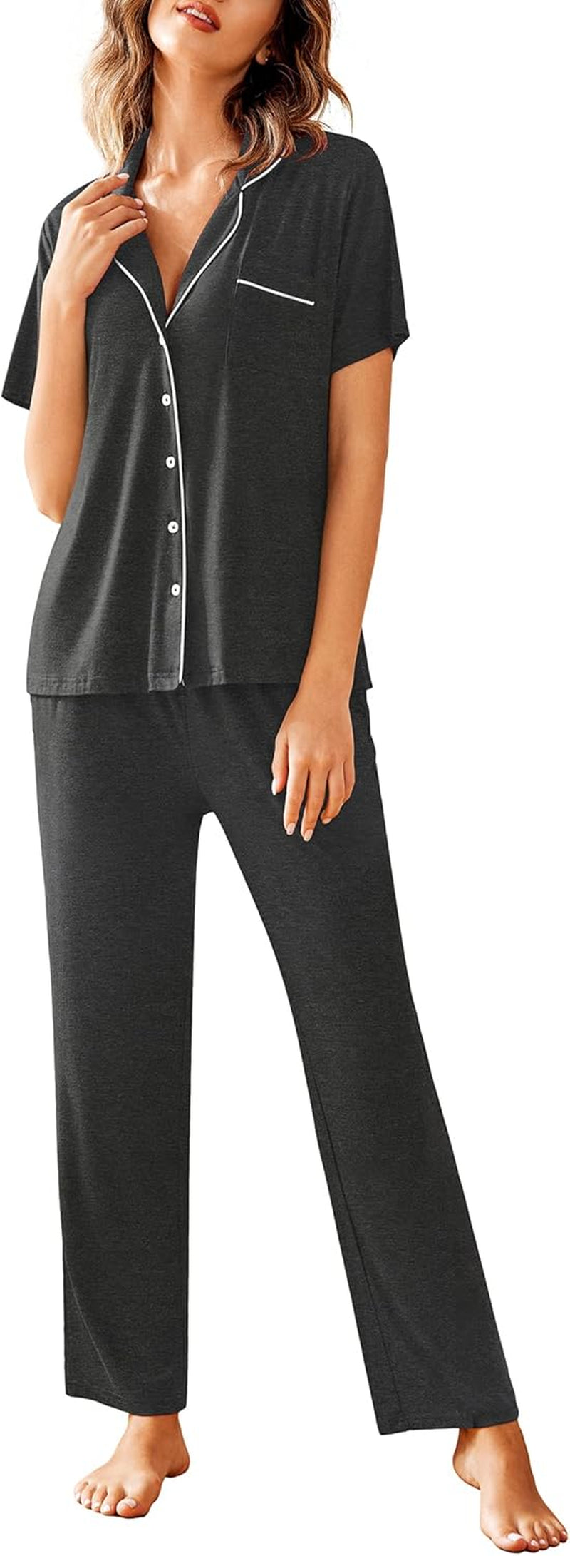 Women Pajamas Set Notch Collar Soft Sleepwear Pjs Short Sleeve Button down Nightwear with Long Pants