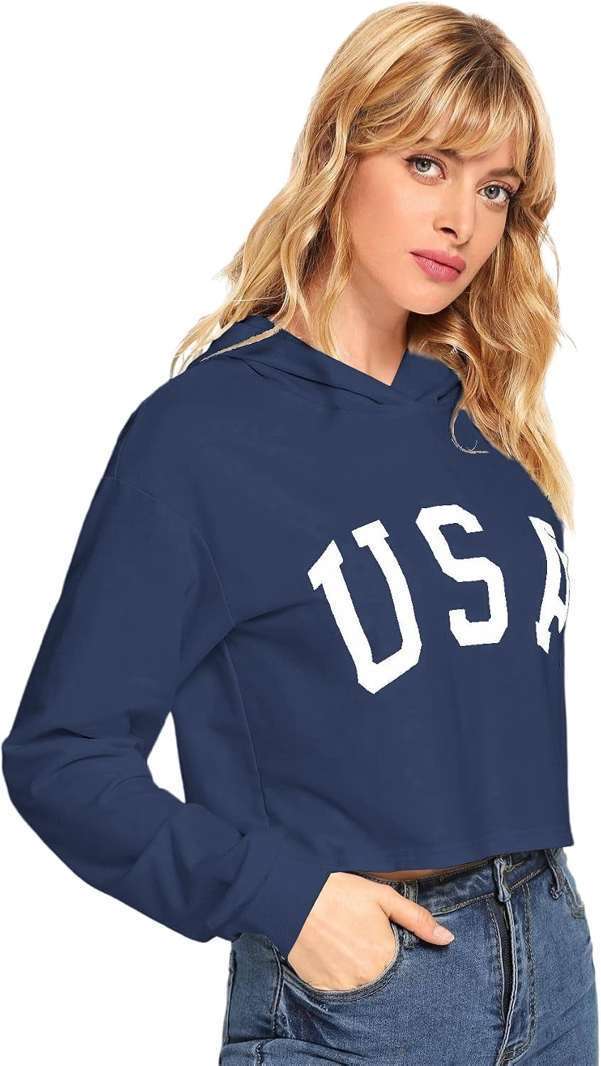 Women'S American Flag Long Sleeve Hoodies Letter Graphic Crop Top Hooded Sweatshirts