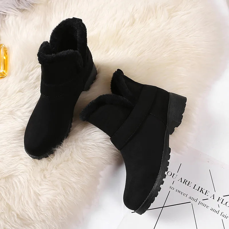 Warm Fur Winter Snow Boots Female Casual Fashion Flock Low Heels Ankle Boots for Women Winter Shoes Black Large Size 45 46