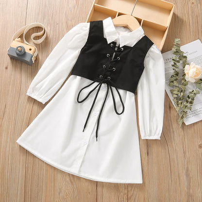 2Pcs Fashion Kids Girls Dress Solid Color Lapel Long Sleeves Shirt Dress + Tied Cross Straps Waistcoat 1-6 Years