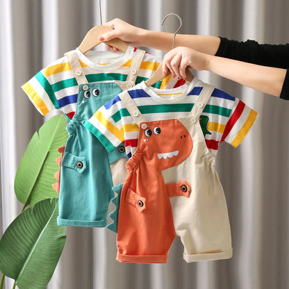Summer New 2025 Fashionable Children'S Boys' Colorful Striped Cotton Short Sleeved/Cartoon Dinosaur Overalls Two-Piece Set 1