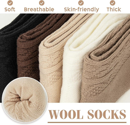 5 Pairs Wool Socks for Women, Winter Warm Cute Cat Crew Socks