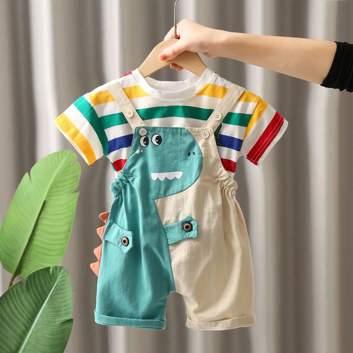 Summer New 2025 Fashionable Children'S Boys' Colorful Striped Cotton Short Sleeved/Cartoon Dinosaur Overalls Two-Piece Set 1