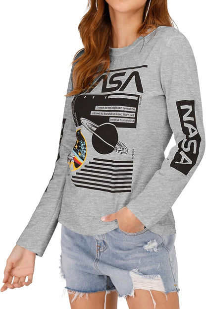 Women Long Sleeve Graphic Shirts NASA Space Letter Print