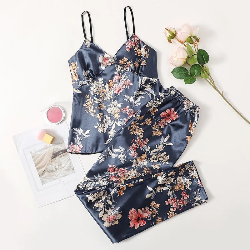 Women'S Pijamas Sexy Lingerie Silk Pajamas Set Sleepwear Satin Cami Vest with Trousers Nightwear Pyjama Femme Pijama Mujer Pj