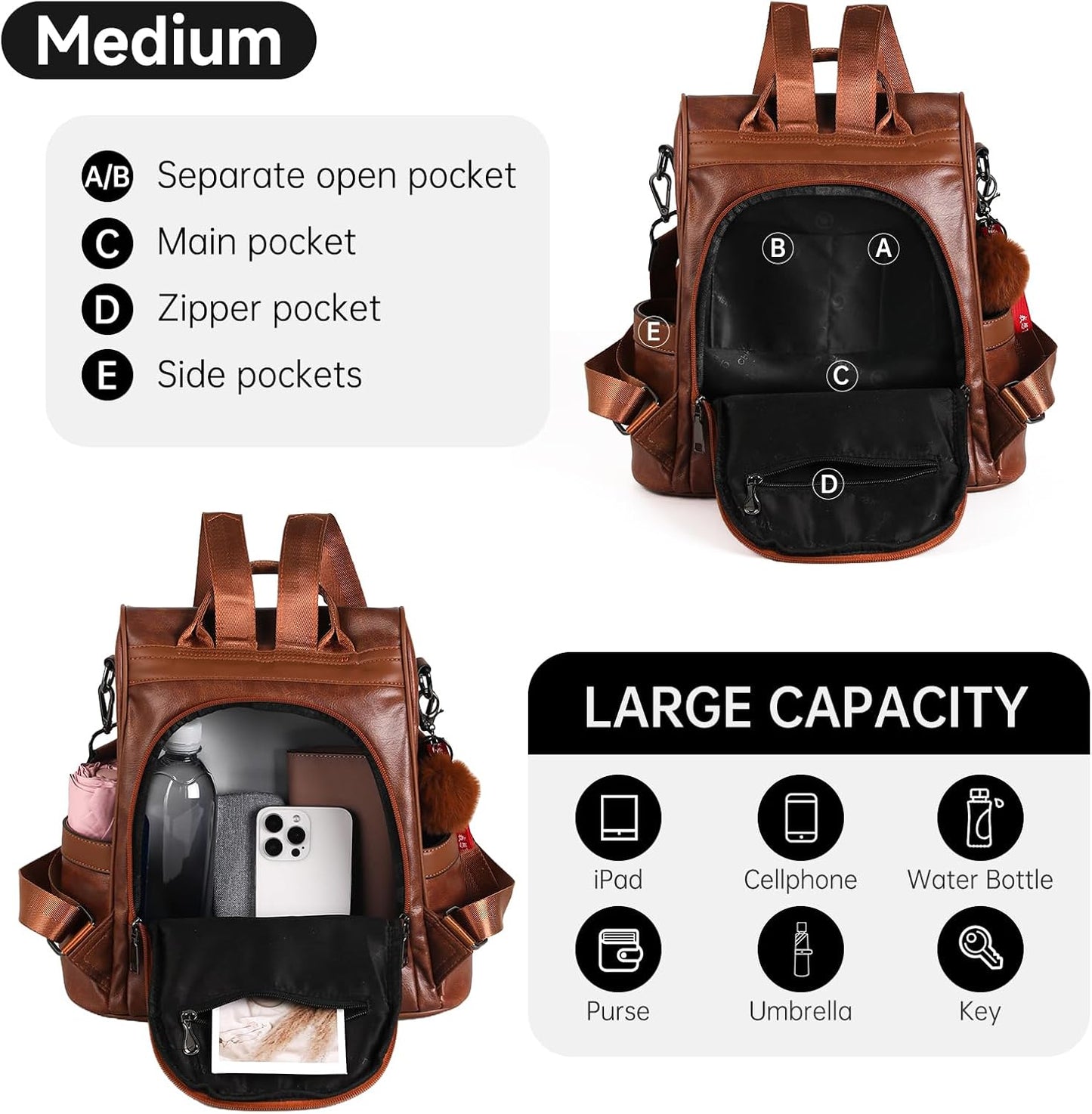 Women's Anti-Theft PU Leather Backpack Purse - Casual Shoulder Bag and Fashion Satchel