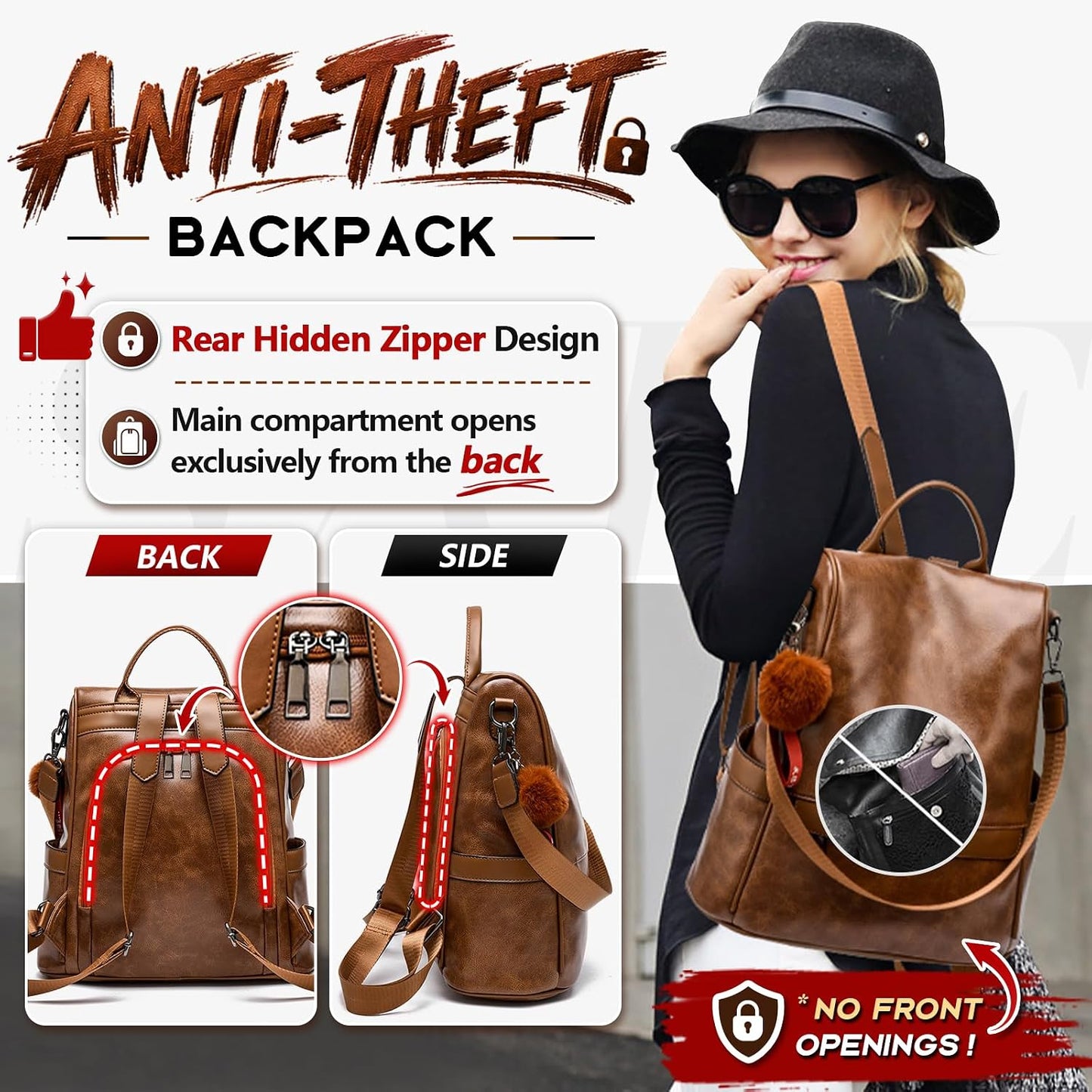 Women's Anti-Theft PU Leather Backpack Purse - Casual Shoulder Bag and Fashion Satchel