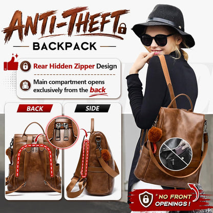 Women's Anti-Theft PU Leather Backpack Purse - Casual Shoulder Bag and Fashion Satchel