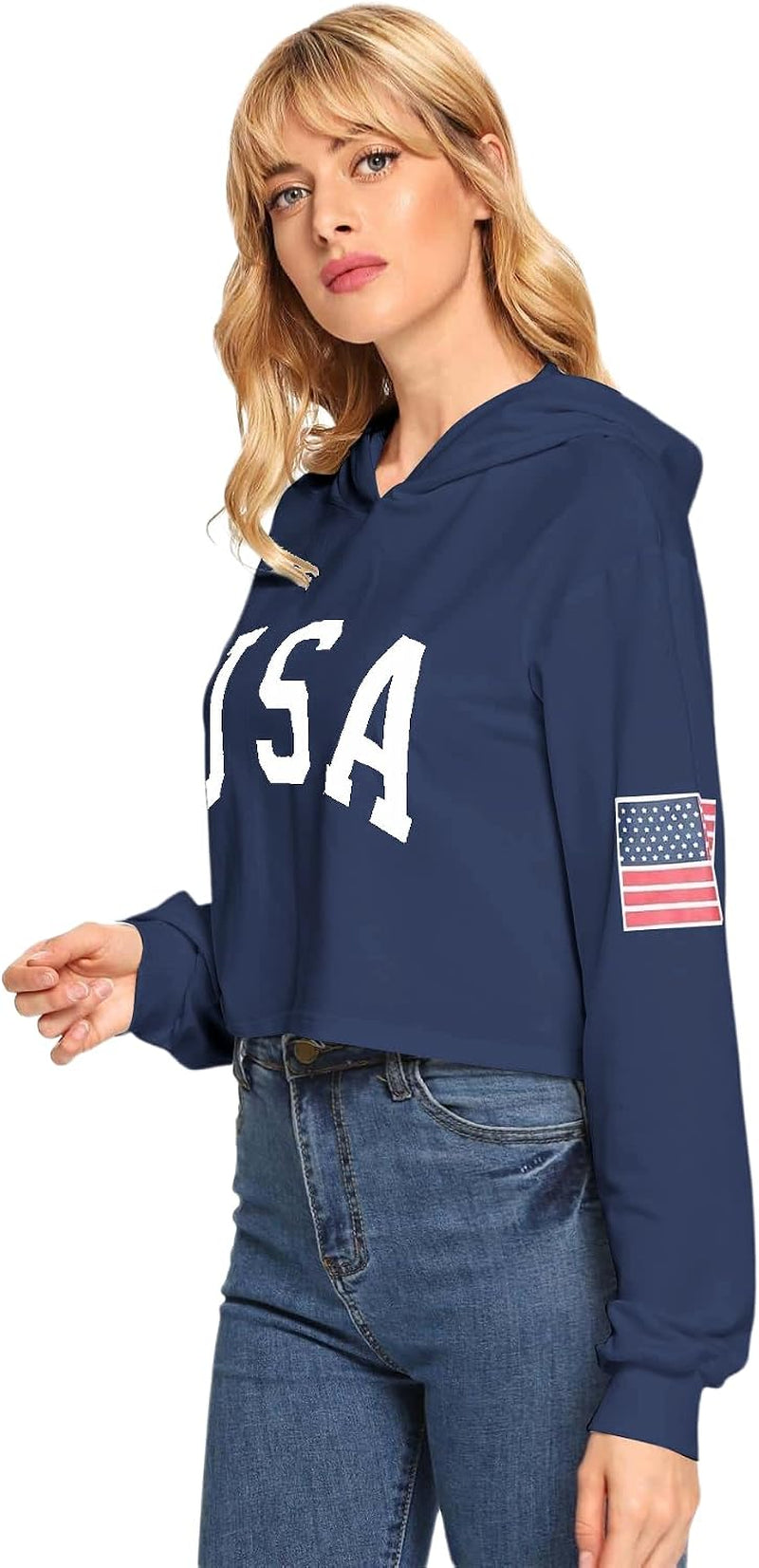 Women'S American Flag Long Sleeve Hoodies Letter Graphic Crop Top Hooded Sweatshirts