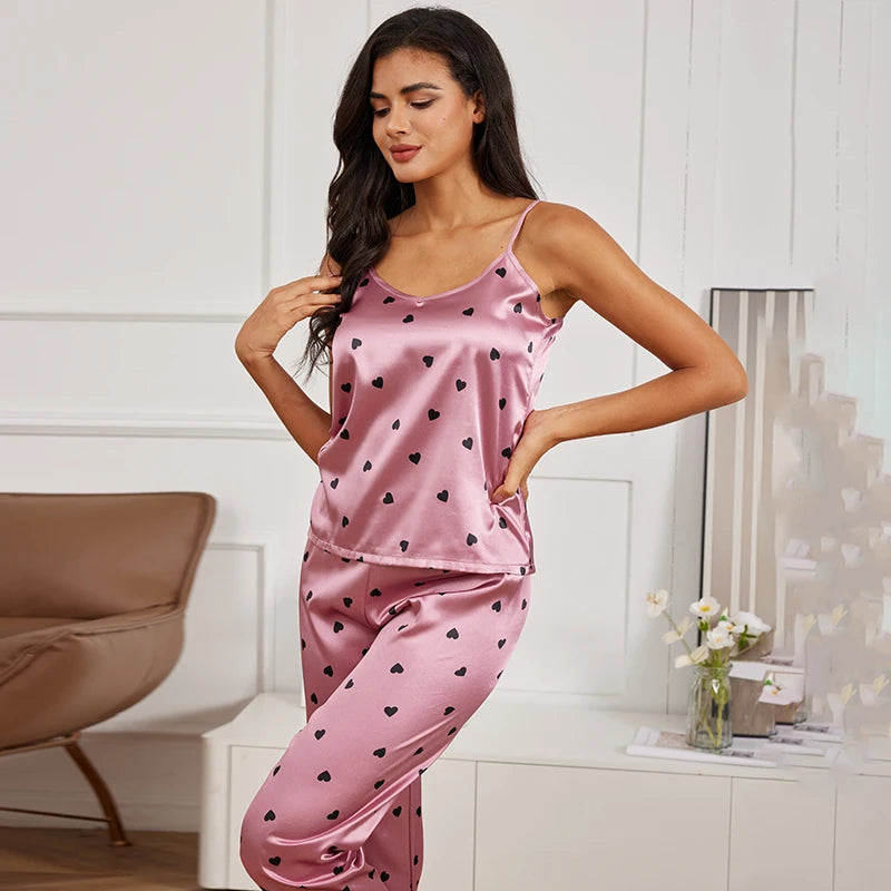 Women'S Pijamas Sexy Lingerie Silk Pajamas Set Sleepwear Satin Cami Vest with Trousers Nightwear Pyjama Femme Pijama Mujer Pj
