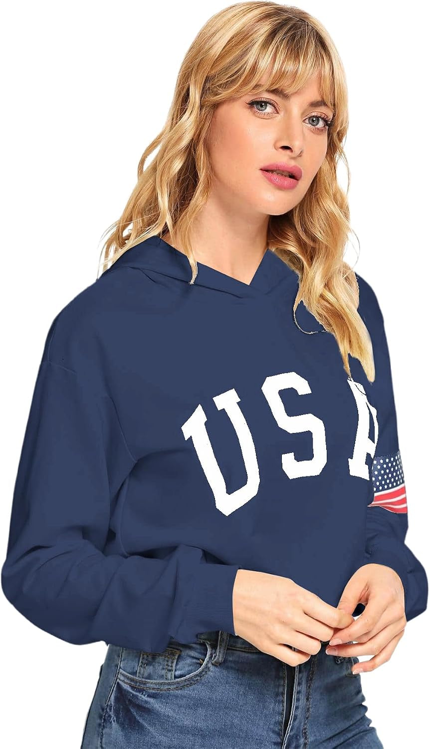 Women'S American Flag Long Sleeve Hoodies Letter Graphic Crop Top Hooded Sweatshirts