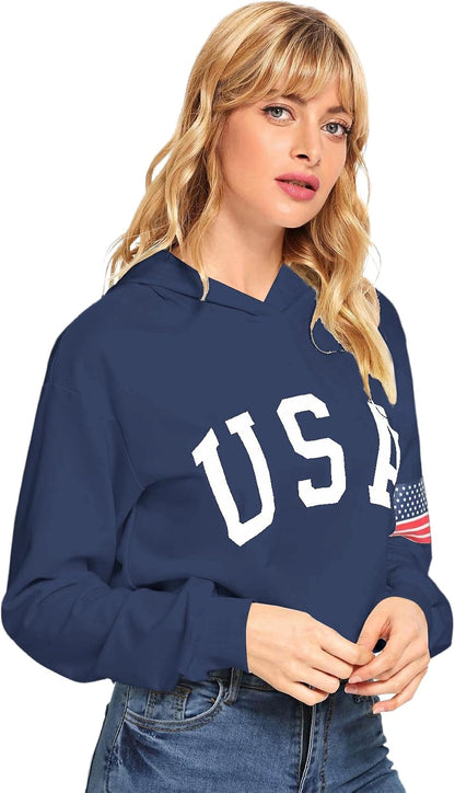 Women'S American Flag Long Sleeve Hoodies Letter Graphic Crop Top Hooded Sweatshirts