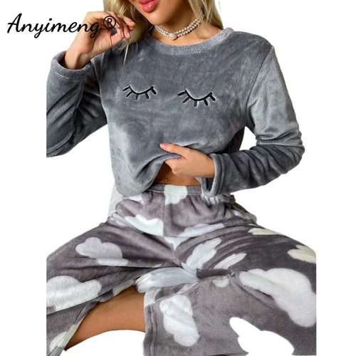 Fluffy Winter Woman Pajamas Set Pullover Lashes Sleepwear Homewear Cold Thermal Lady Lingerie Pyjama Casual Cozy Flannel Pijamas