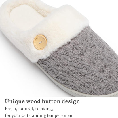Womens Slipper Warm Comfy Memory Foam House Slippers Knitted Shoes Faux Fur Lined Anti-Skid Rubber Sole Bedroom Cozy Indoor Outdoor Slippers