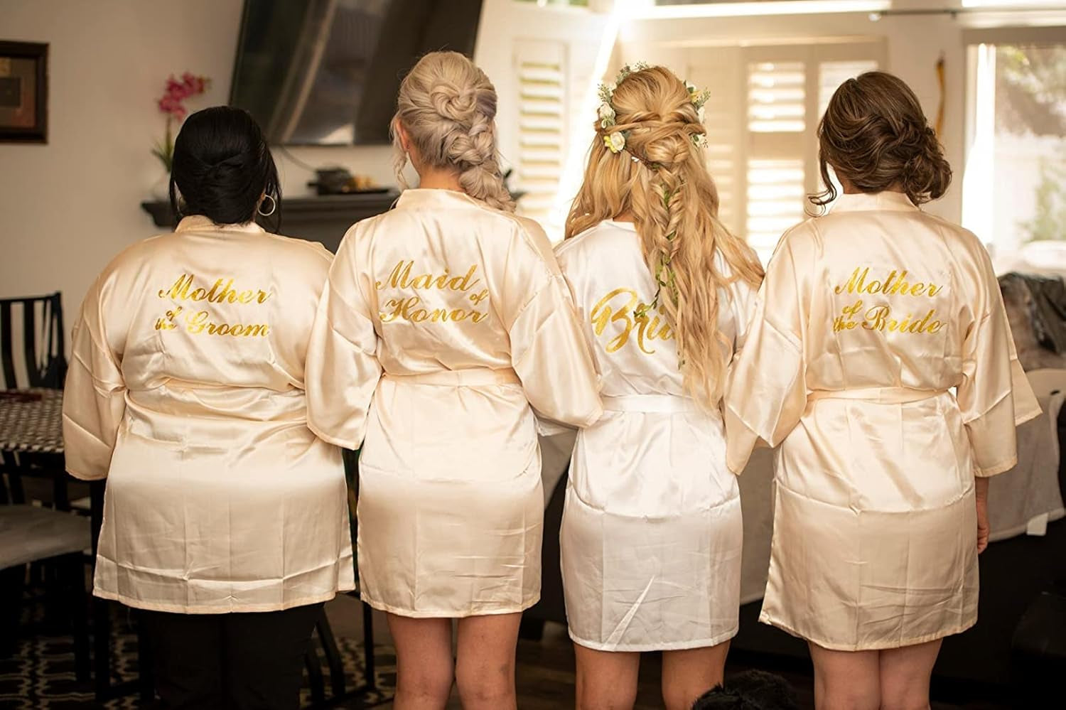 Women'S Satin Robe Short Kimono Bathrobes for Bride & Bridesmaid Wedding Party Robes with Gold Glitter or Rhinestones