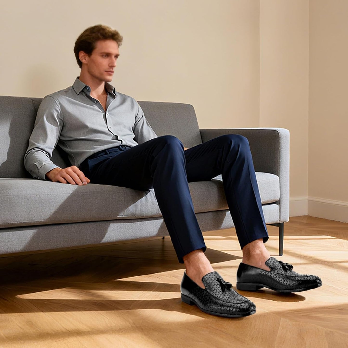 Men's Slip-On Loafers with Laser-Carved Design and Tassel Detail, Microfiber PU Leather Upper, Classic Comfort