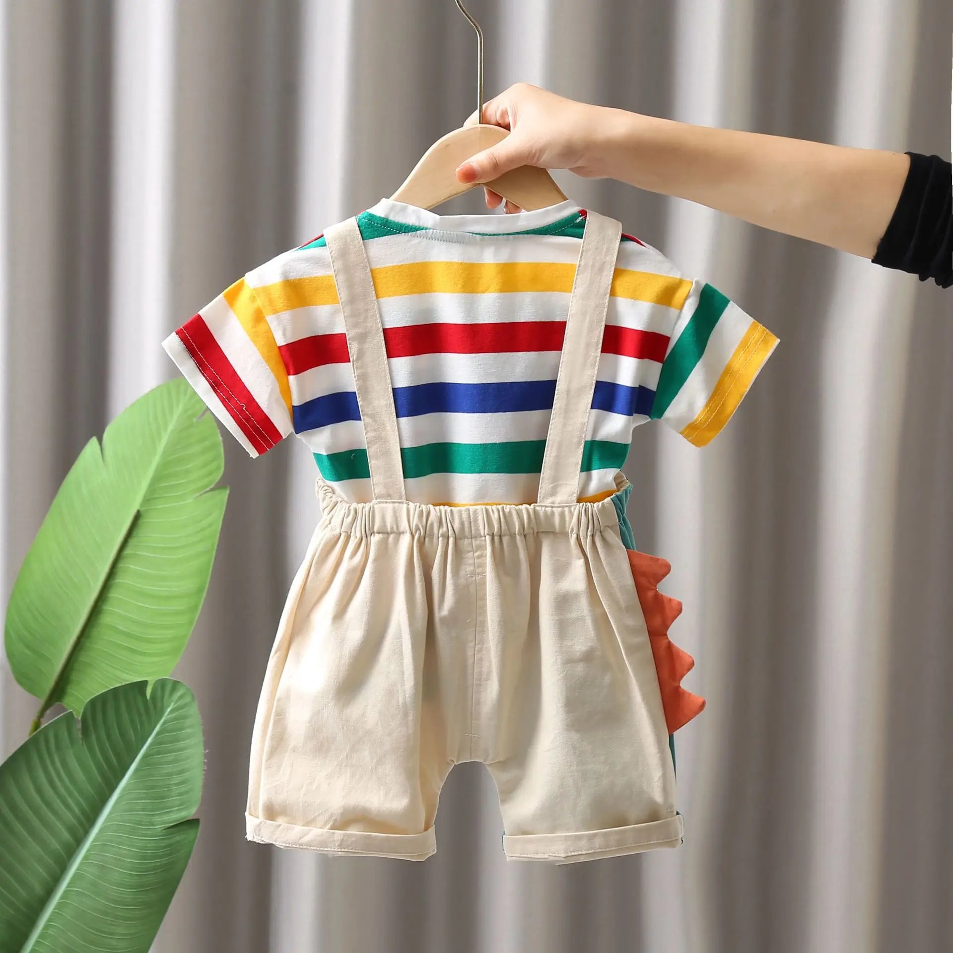 Summer New 2025 Fashionable Children'S Boys' Colorful Striped Cotton Short Sleeved/Cartoon Dinosaur Overalls Two-Piece Set 1