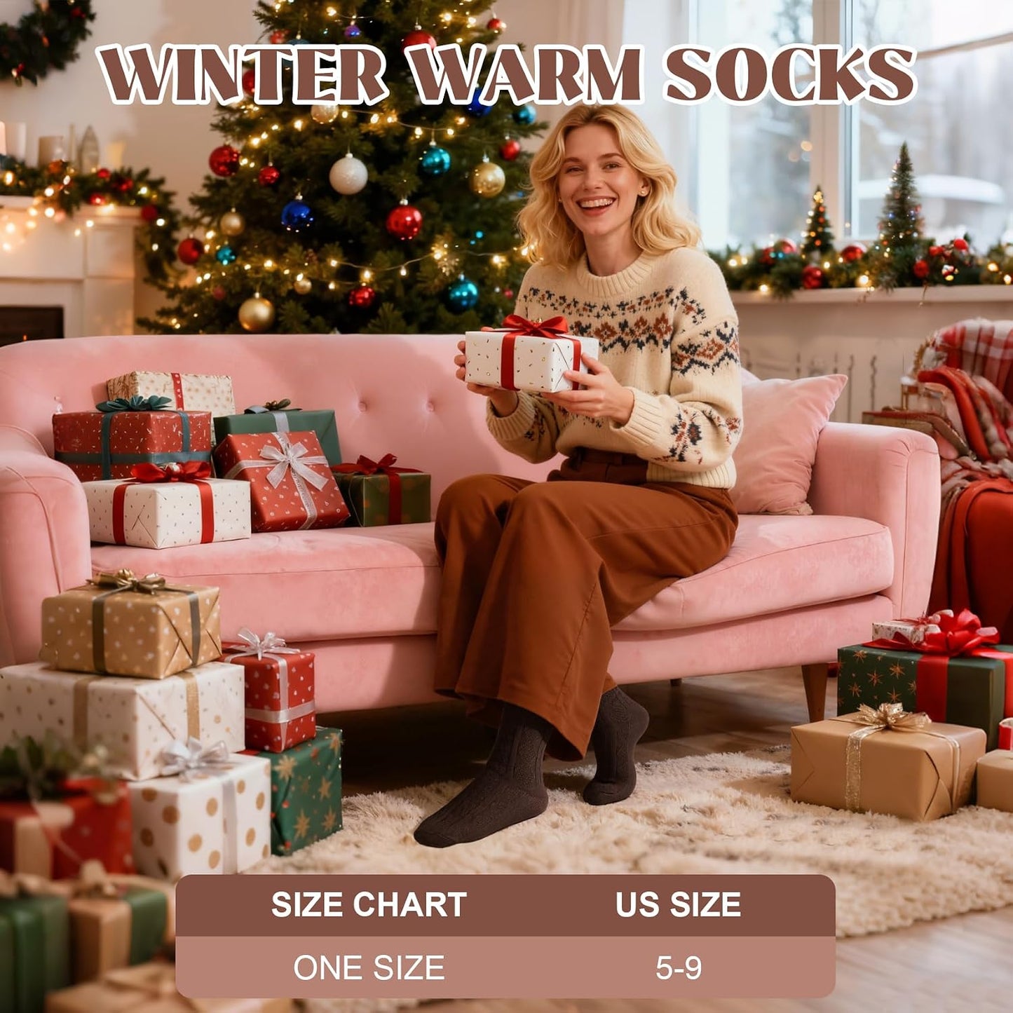 5 Pairs Wool Socks for Women, Winter Warm Cute Cat Crew Socks