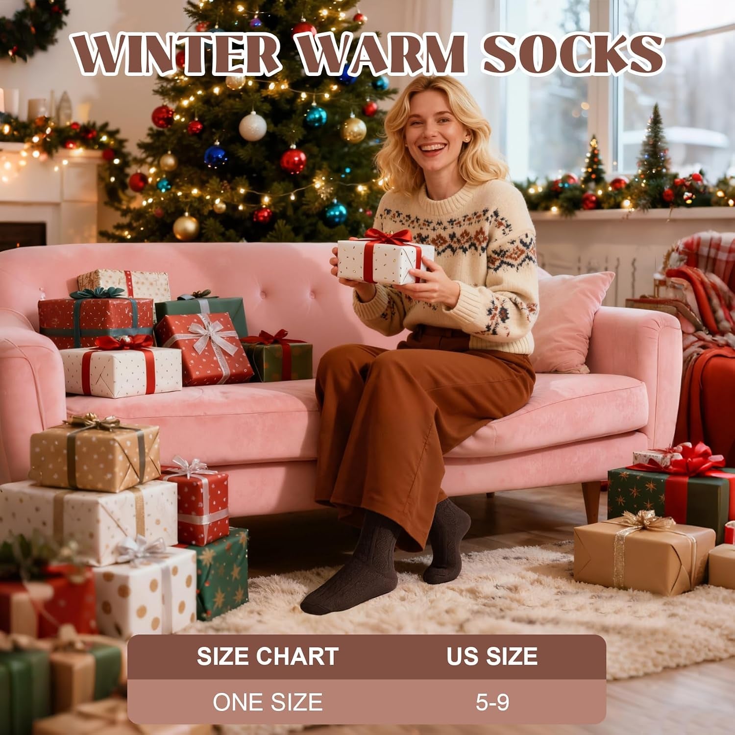 5 Pairs Wool Socks for Women, Winter Warm Cute Cat Crew Socks