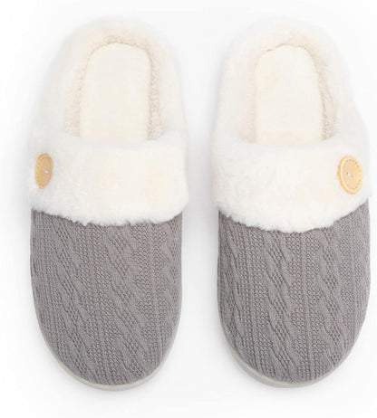 Womens Slipper Warm Comfy Memory Foam House Slippers Knitted Shoes Faux Fur Lined Anti-Skid Rubber Sole Bedroom Cozy Indoor Outdoor Slippers