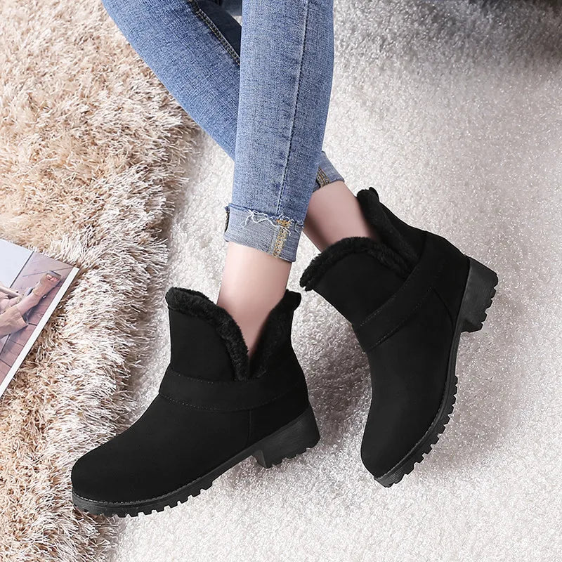 Warm Fur Winter Snow Boots Female Casual Fashion Flock Low Heels Ankle Boots for Women Winter Shoes Black Large Size 45 46