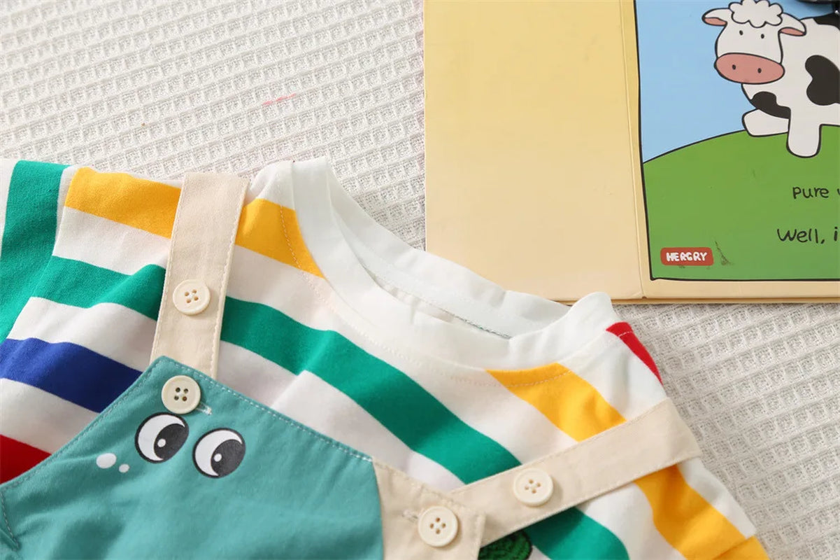 Summer New 2025 Fashionable Children'S Boys' Colorful Striped Cotton Short Sleeved/Cartoon Dinosaur Overalls Two-Piece Set 1