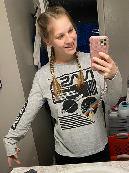 Women Long Sleeve Graphic Shirts NASA Space Letter Print