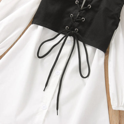 2Pcs Fashion Kids Girls Dress Solid Color Lapel Long Sleeves Shirt Dress + Tied Cross Straps Waistcoat 1-6 Years