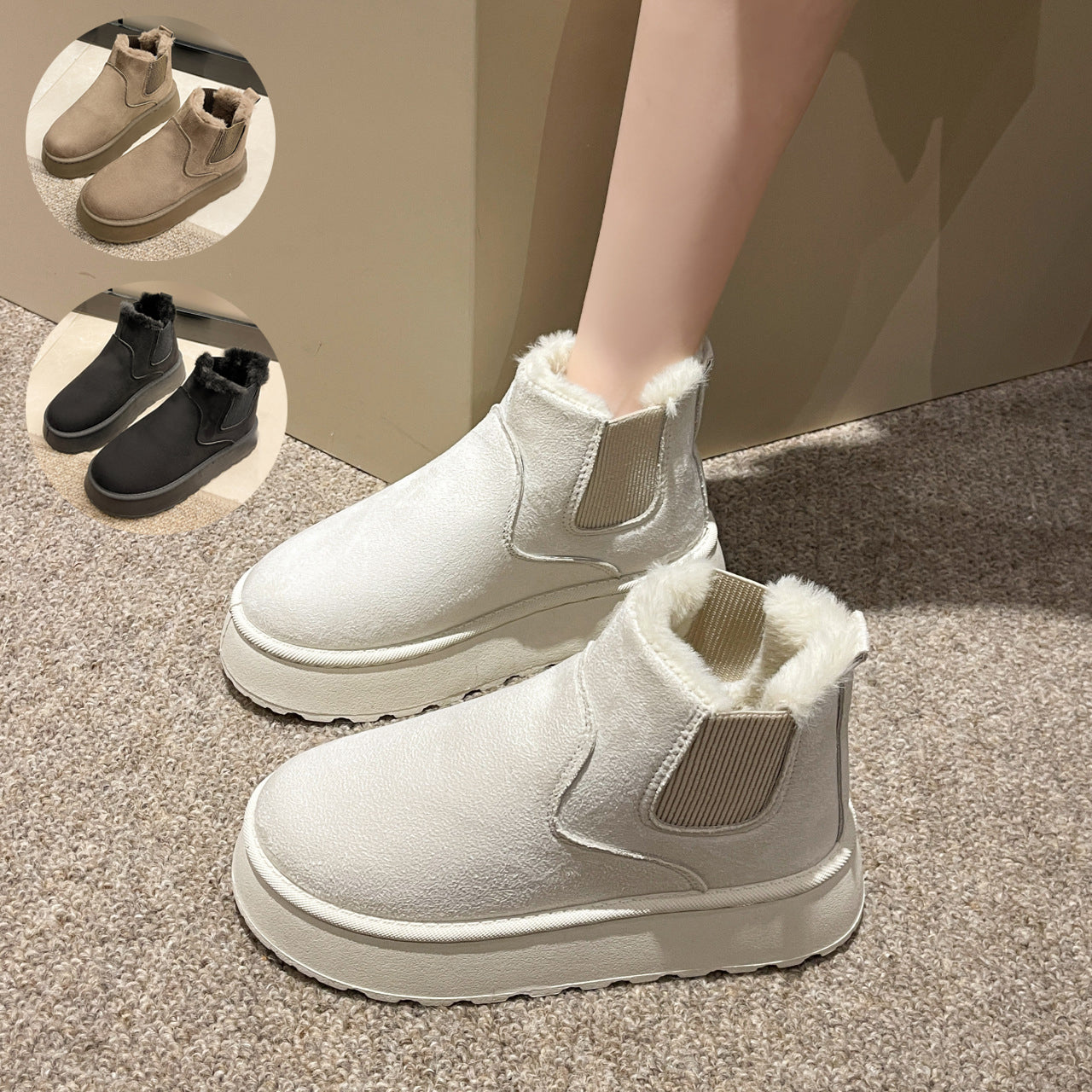 Women'S Plush Boots Winter Warm Fleece Thick Flats Snow Boots Fashion Shoes