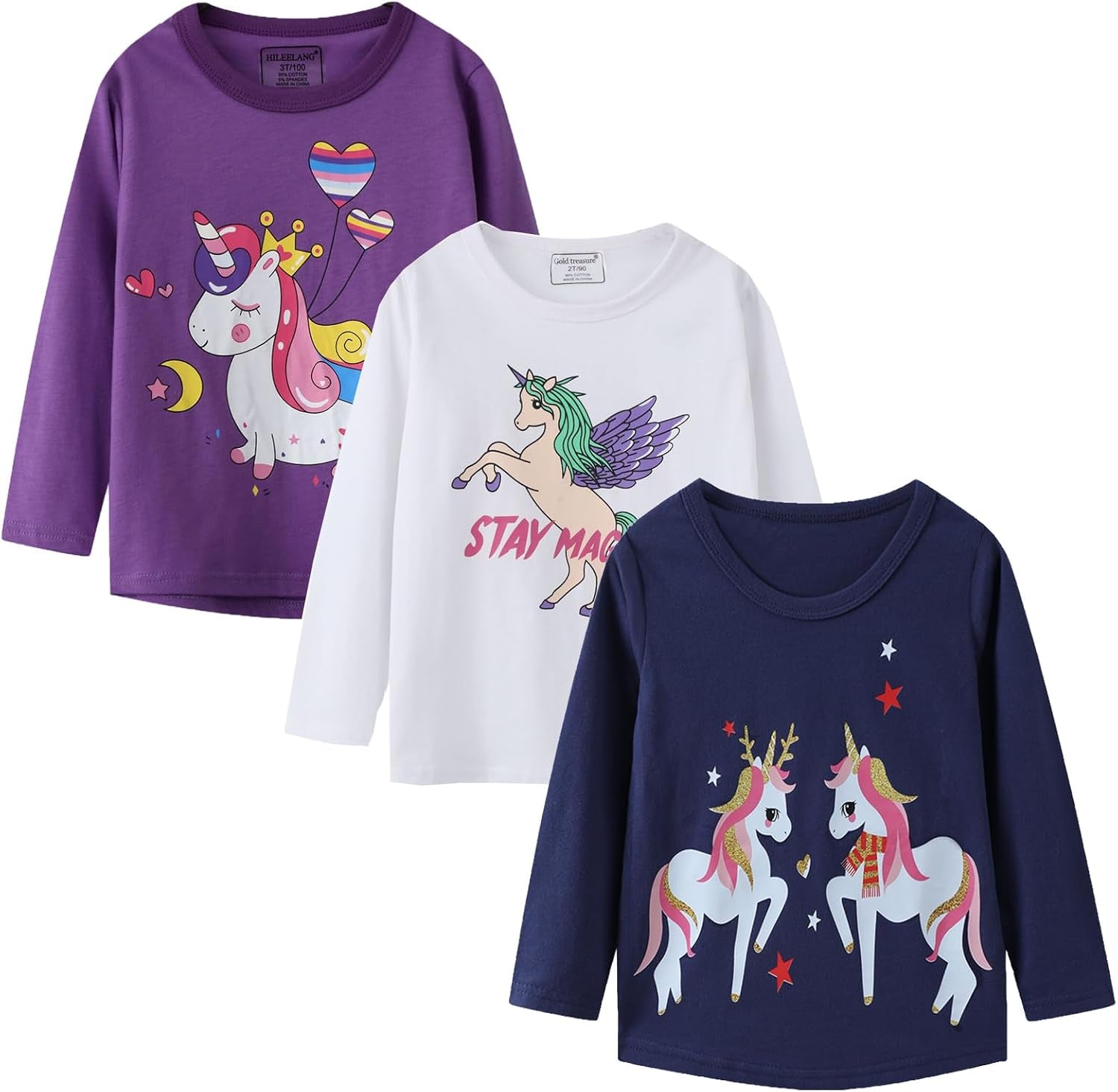 Girl Long Sleeve Shirts Christams Tops Tees Cotton Casual Stripe Crewneck Graphic Jersey Tunic T-Shirts 3 Packs Sets