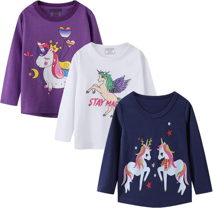 Girl Long Sleeve Shirts Christams Tops Tees Cotton Casual Stripe Crewneck Graphic Jersey Tunic T-Shirts 3 Packs Sets