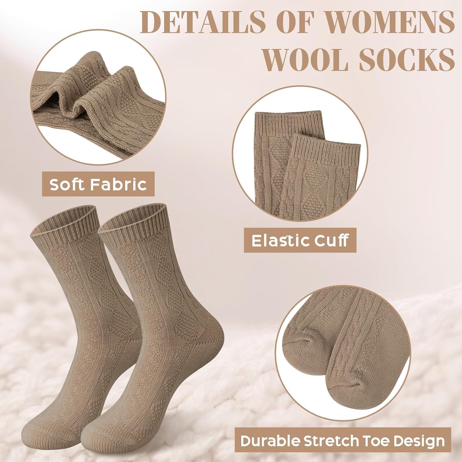 5 Pairs Wool Socks for Women, Winter Warm Cute Cat Crew Socks