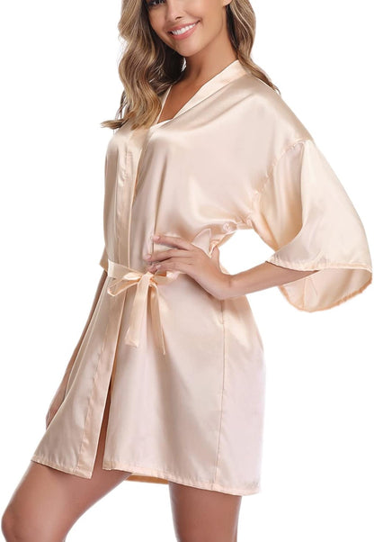 Women'S Satin Robe Short Kimono Bathrobes for Bride & Bridesmaid Wedding Party Robes with Gold Glitter or Rhinestones