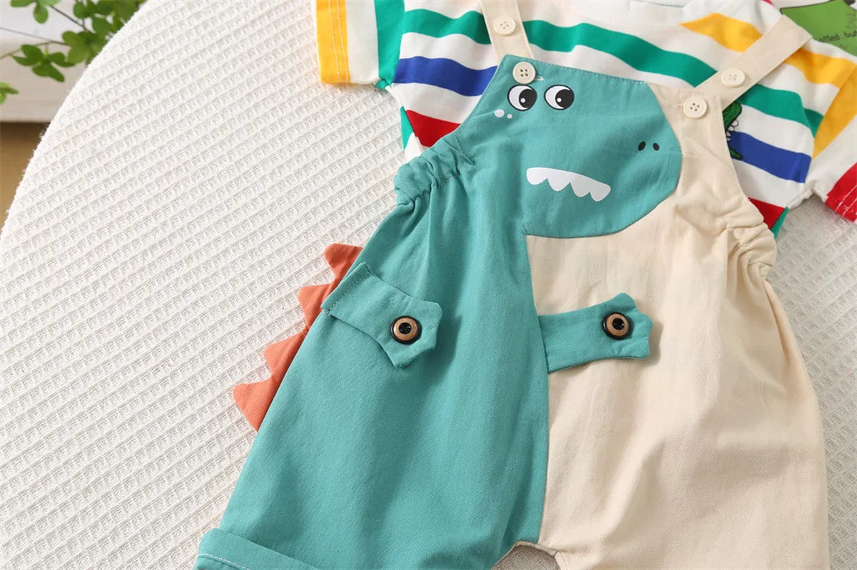 Summer New 2025 Fashionable Children'S Boys' Colorful Striped Cotton Short Sleeved/Cartoon Dinosaur Overalls Two-Piece Set 1