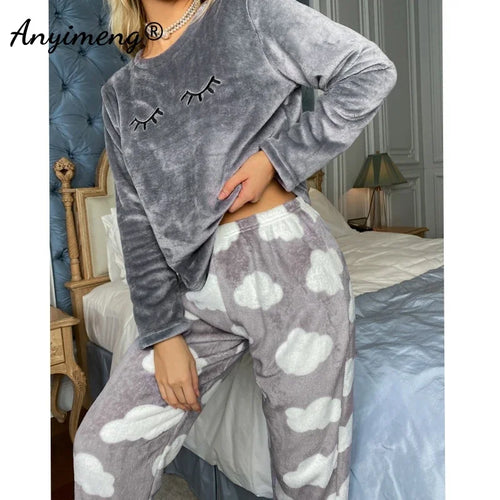 Fluffy Winter Woman Pajamas Set Pullover Lashes Sleepwear Homewear Cold Thermal Lady Lingerie Pyjama Casual Cozy Flannel Pijamas