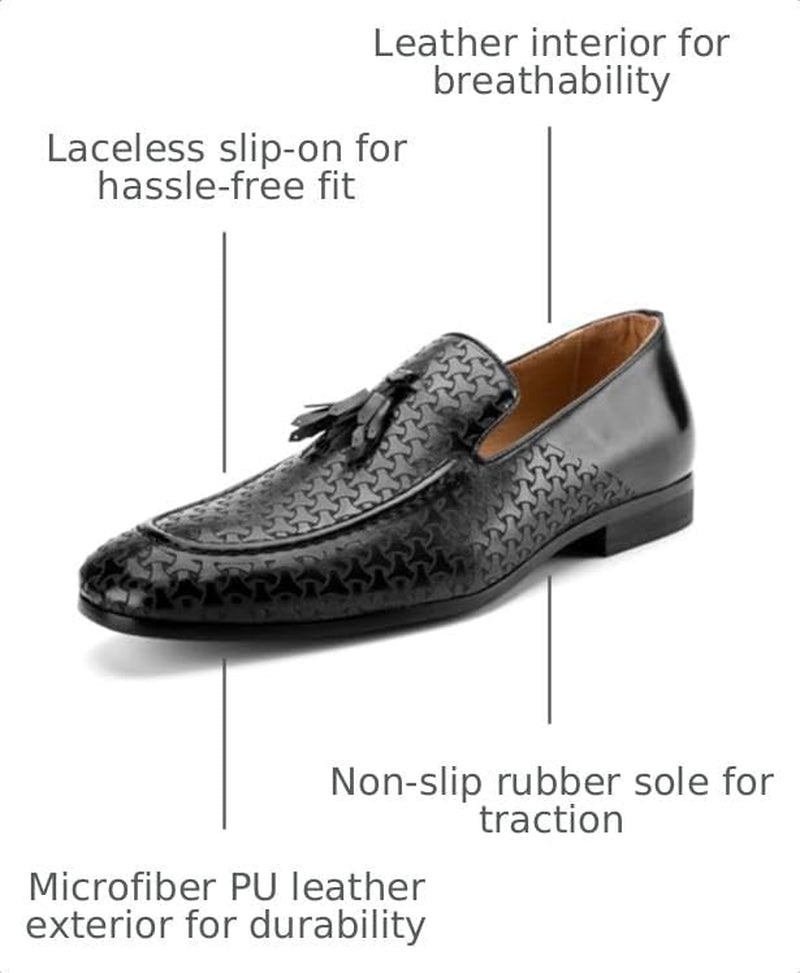 Men's Slip-On Loafers with Laser-Carved Design and Tassel Detail, Microfiber PU Leather Upper, Classic Comfort